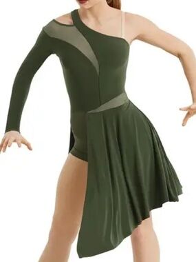Weissman Green Asymmetrical Mesh Inset Dress SA Dance Costume Small Adult